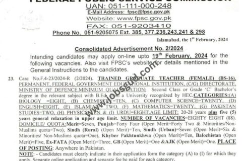 FPSC jobs for Trained Graduate Teacher, Female, BS-16 Jobs 2024