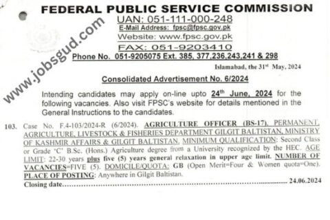 FPSC Jobs 2024 Agriculture Officer PS 17